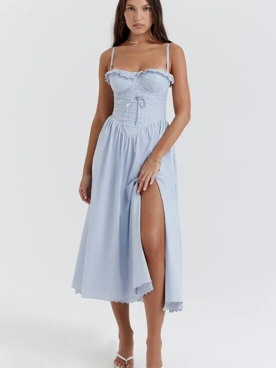 House of CB - Jaime Soft Blue Broderie Anglaise Midi Sundress - adujstable strip - Picture 2 of 4